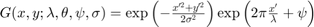 $G(x,y;\lambda, \theta, \psi, \sigma) = \exp\left(-\frac{x'^2+ y'^2}{2\sigma^2}\right)\exp\left(2\pi\frac{x'}{\lambda}+\psi\right)$